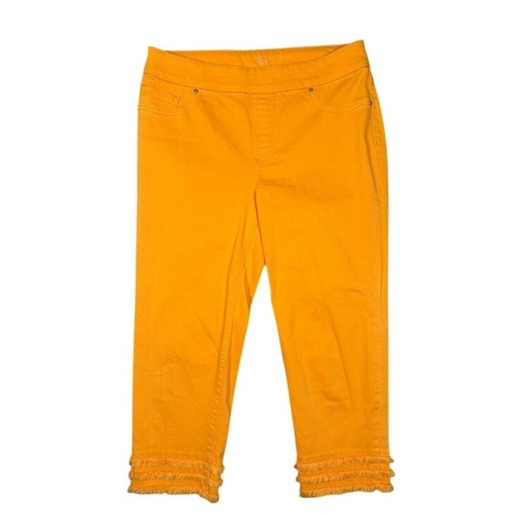 Chicos Womens Orange Fringe Hem Capri Pants Size 1 Pull On Stretch Cropped Denim